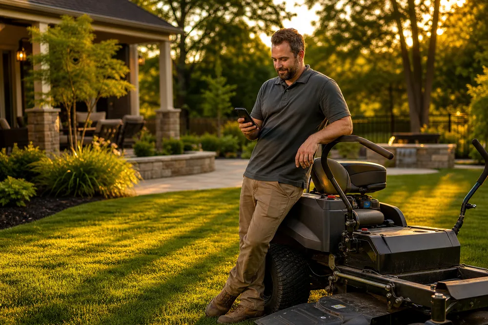 Landscaper checking his phone beside a mower after a finished job