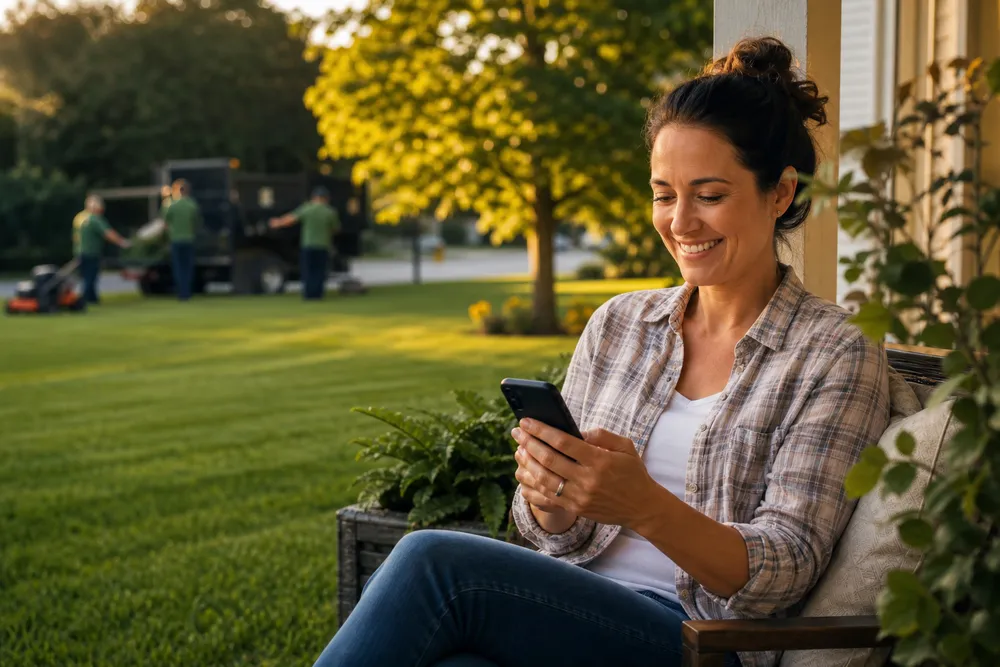 Homeowner smiling at a review request text after the crew finishes