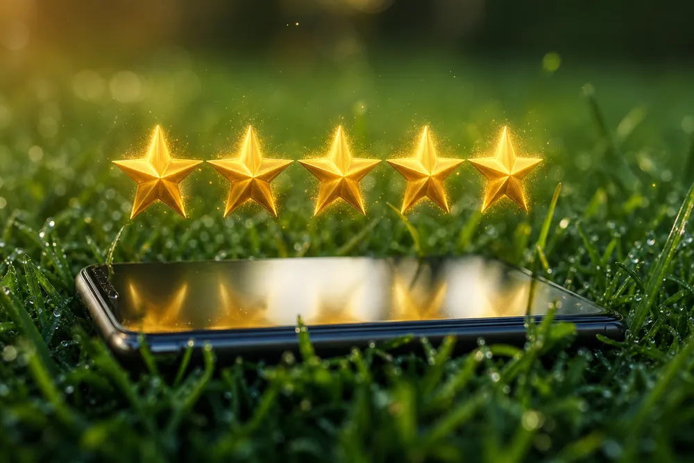 Five gold stars above a phone resting on fresh grass